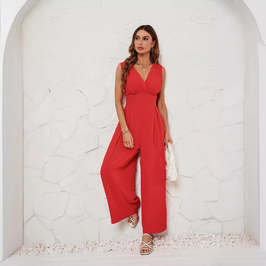 Damen Jumpsuit mit V-Ausschnitt und weitem Bein EB