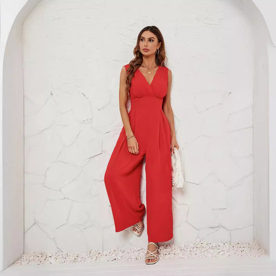 Damen Jumpsuit mit V-Ausschnitt und weitem Bein EB