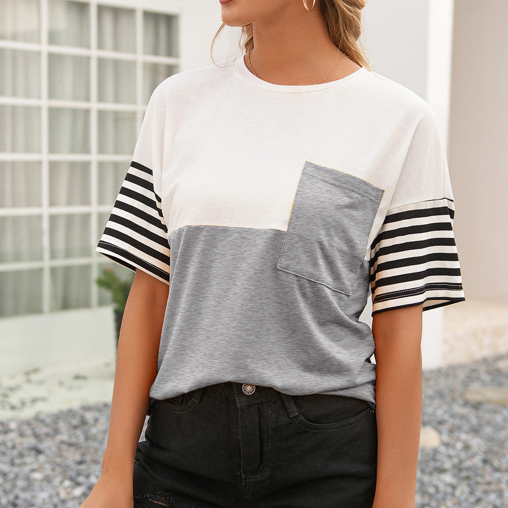 Damen modisches T-Shirt mit gestreiften Ärmeln und aufgesetzter Tasche EB
