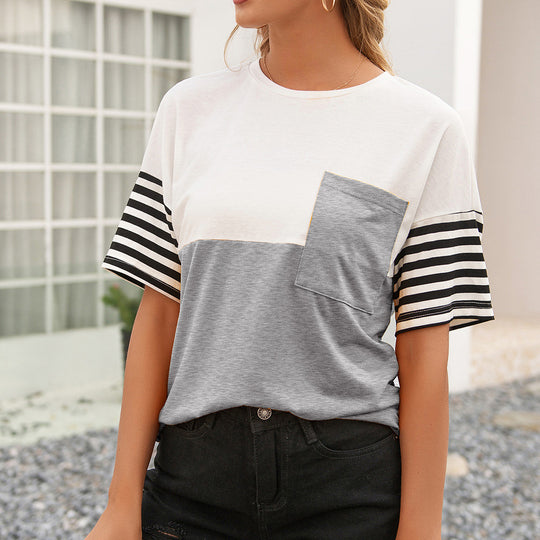 Damen modisches T-Shirt mit gestreiften Ärmeln und aufgesetzter Tasche EB