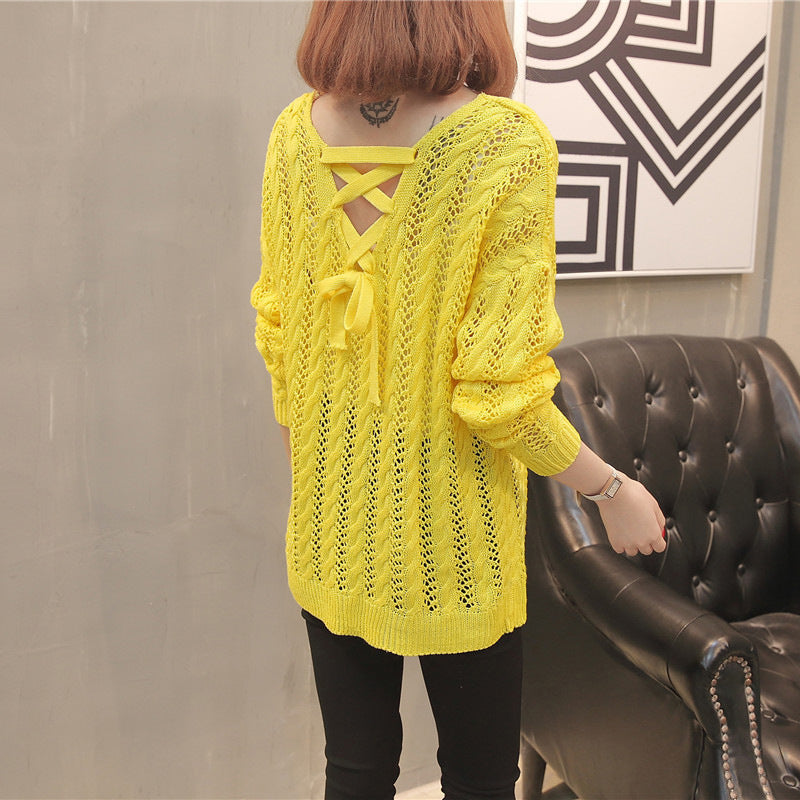 Damen Strickpullover mit Off-Shoulder-Design und Rückenschnürung EB
