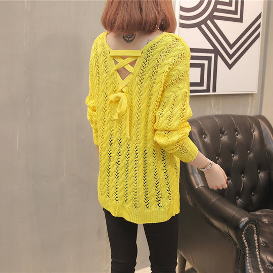 Damen Strickpullover mit Off-Shoulder-Design und Rückenschnürung EB