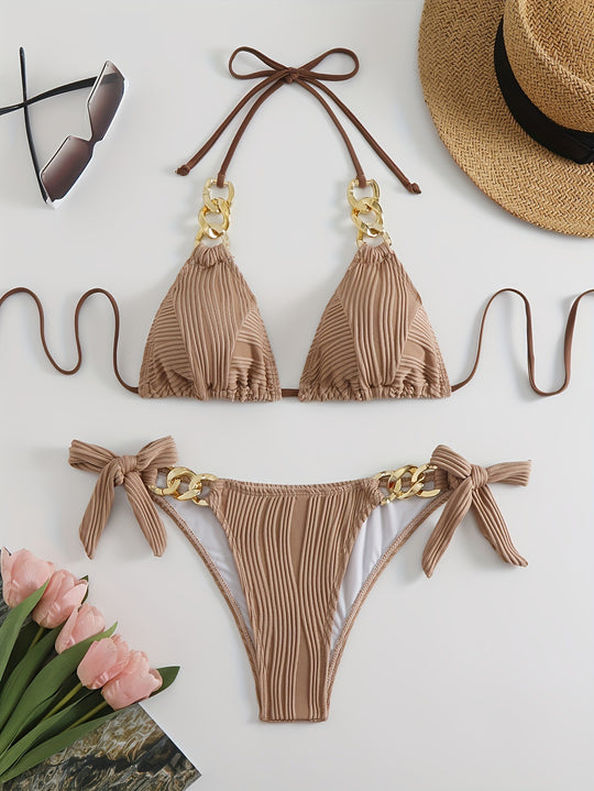 Damen Bikiniset mit luxuriösen Rüschen und goldenen Kettenakzenten EB