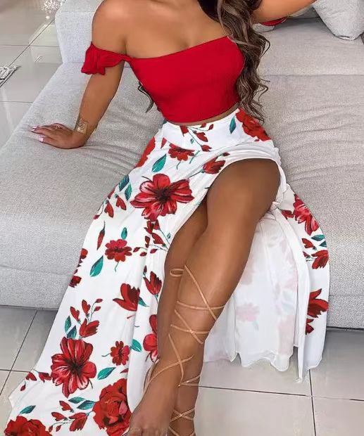 Damen Maxirock mit floralem Design und hohem Schlitz EB