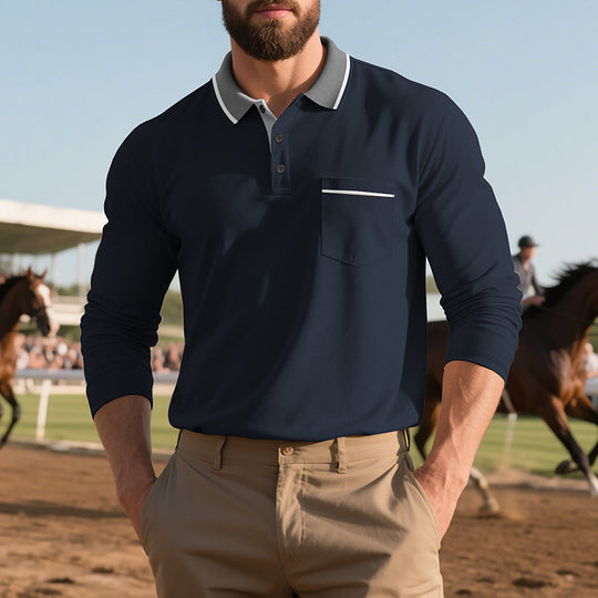 Herren Langarm-Poloshirt mit strukturiertem Design und modischer Brusttasche EB