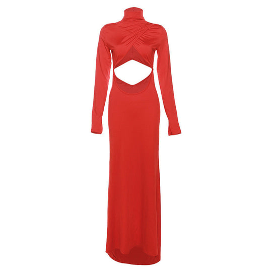 Damen figurbetontes Maxikleid mit asymmetrischem Cut-Out und hochgeschlossenem Kragen EB