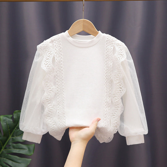 Mädchen Sweatshirt mit eleganten Rüschendetails und transparenten Tüllärmeln EB