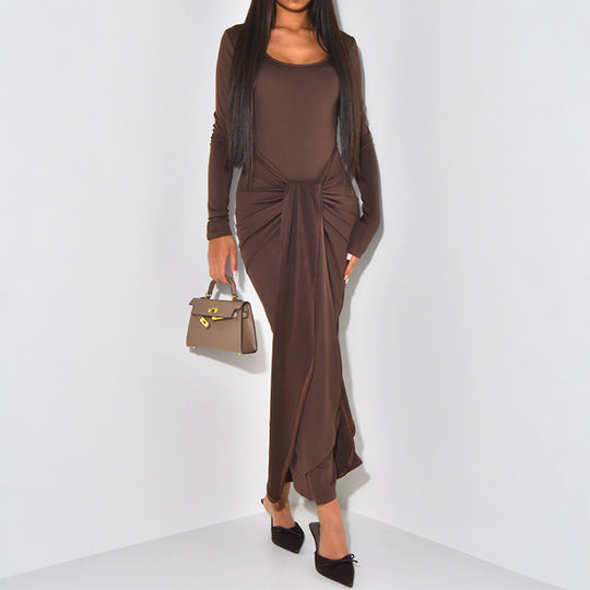 Damen nan gerafftes Maxikleid mit Knotenfront, figurbetonter Silhouette und seitlichem Schlitz EB
