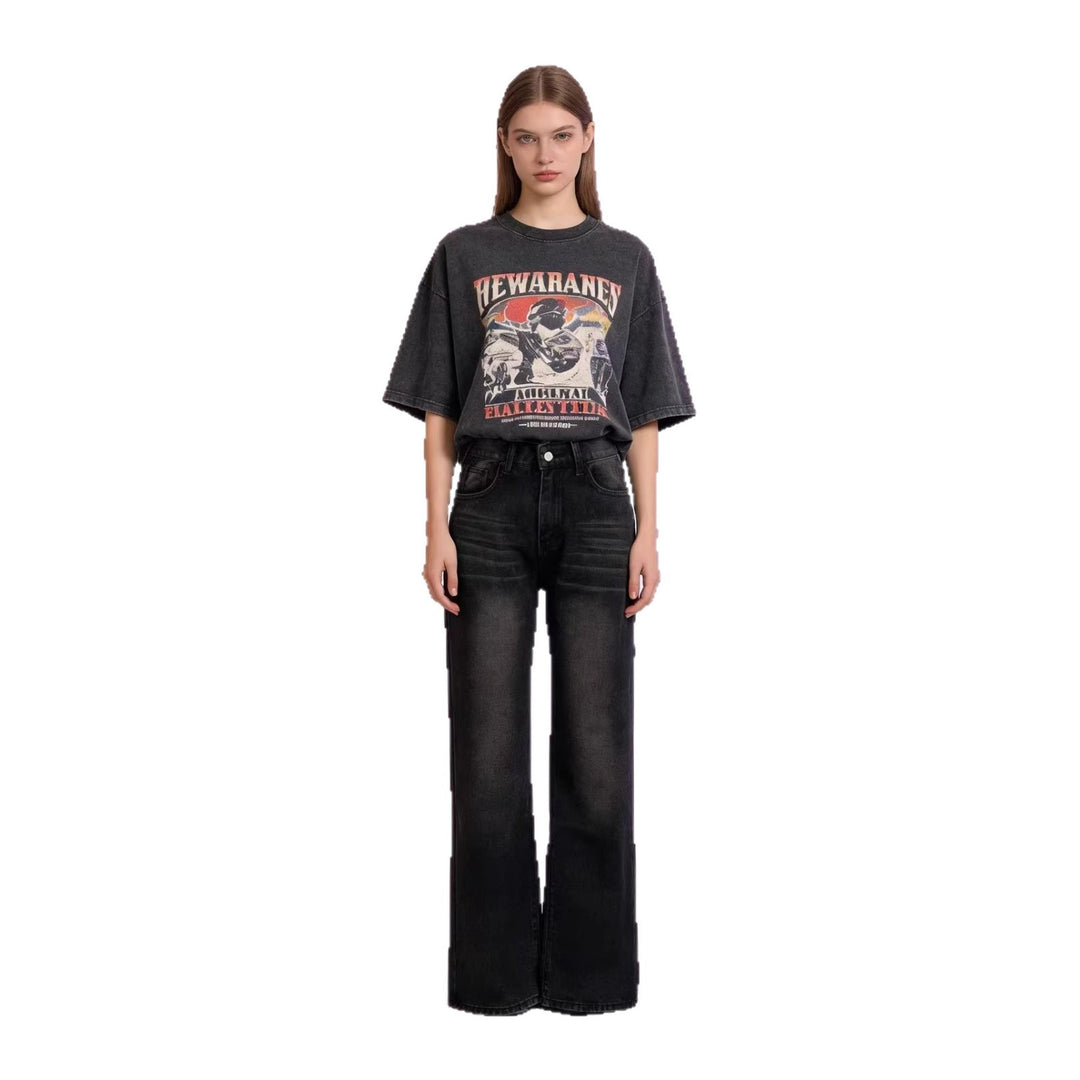 Damen nan hochgeschnittene Jeans mit schmaler Hüftpassform und weitem Schlag im Retro-Stil EB