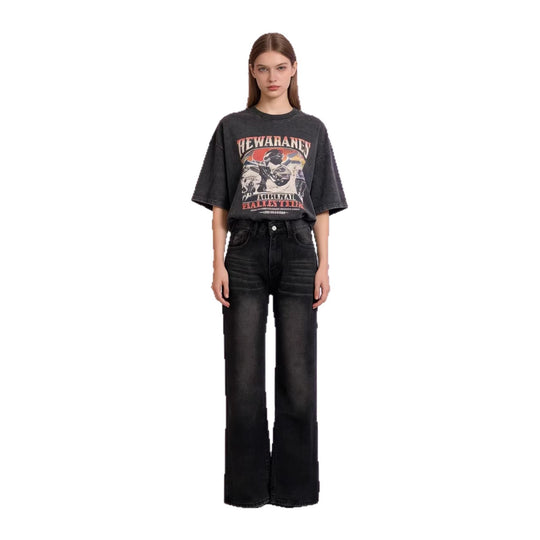 Damen nan hochgeschnittene Jeans mit schmaler Hüftpassform und weitem Schlag im Retro-Stil EB