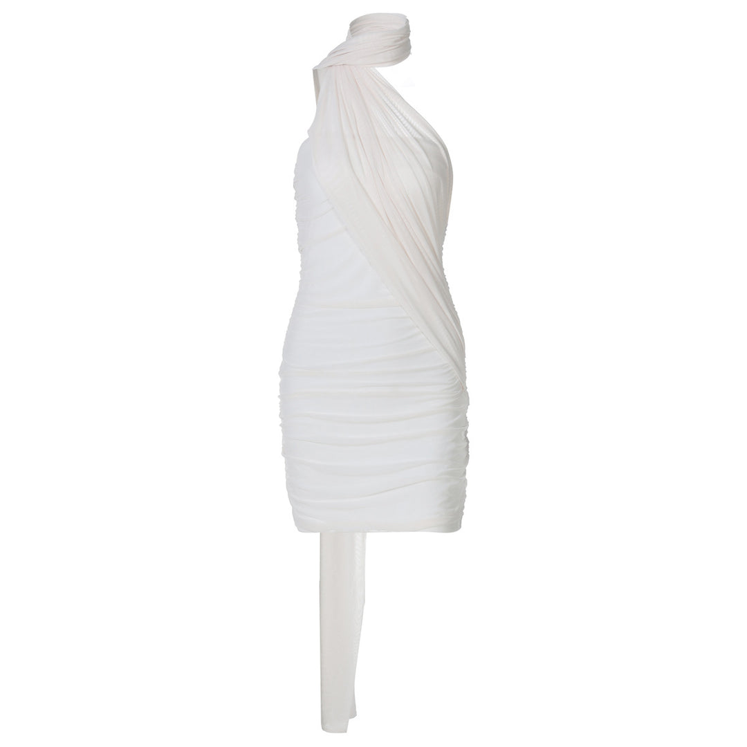 Damen elegantes Minikleid aus leichtem, drapiertem Stoff mit asymmetrischem Ausschnitt EB