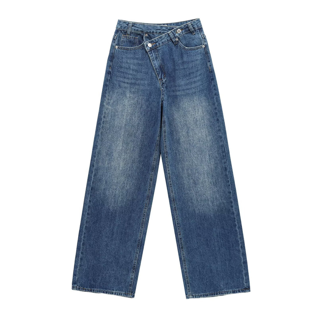 Damen weit geschnittene Jeans mit asymmetrischem Knopfverschluss und hohen Taillen EB