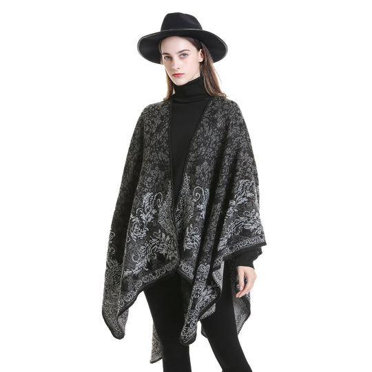 Damen Jacquard-Poncho mit orientalischem Muster und offener Vorderseite EB