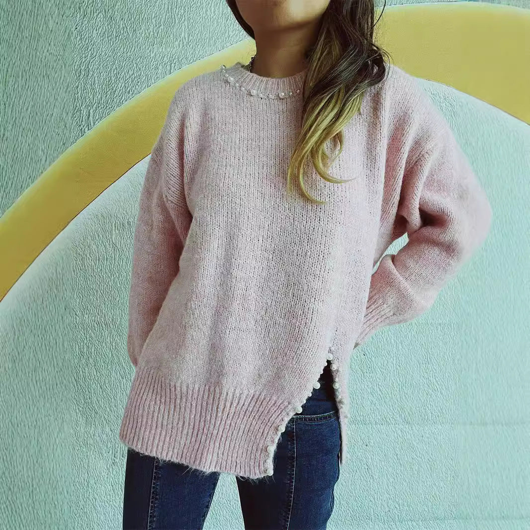 Damen Grobstrickpullover mit Perlenausschnitt und asymmetrischem Saum EB
