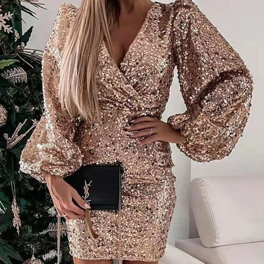 Damen Glitzerndes Minikleid mit Ballonärmel und Wickeloptik EB