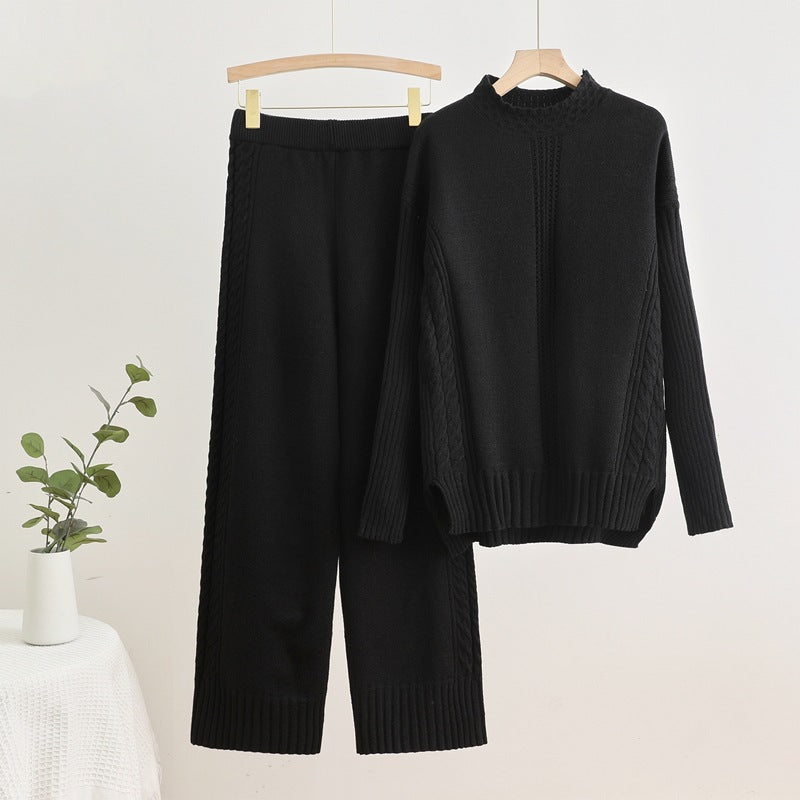 Damen komfortables Strick-Loungewear-Set mit hohen Bündchen und dekorativen Zopfmustern EB