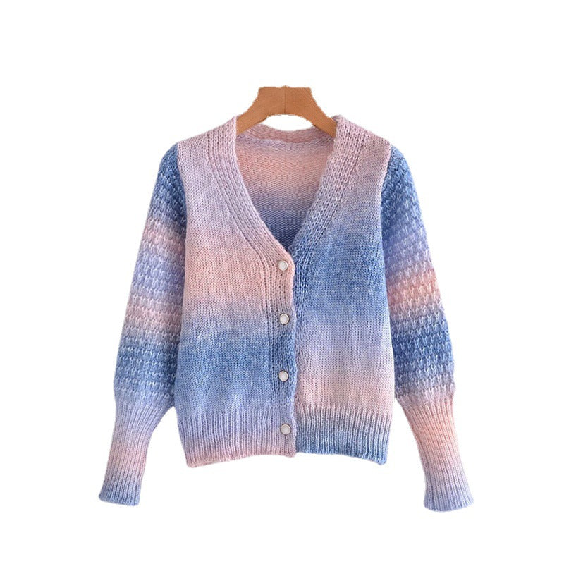 Damen Farbverlauf Strickjacke mit V-Ausschnitt und Knopfleiste EB