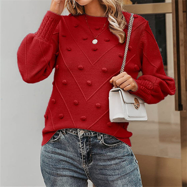 Damen nan gerippter Bobble-Pullover mit Ballonärmeln und Rundhalsausschnitt EB