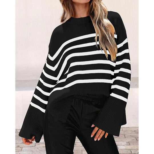 Damen modischer Oversized-Pullover mit Streifenmuster EB