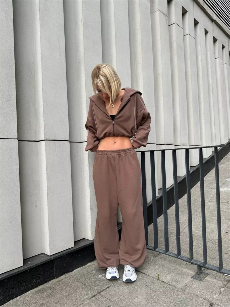 Damen Kurzes Zip-Kapuzenjacke und High‑Waist Loungehose Set EB