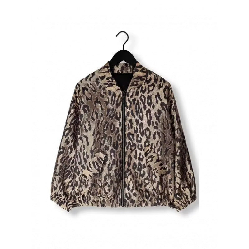 Damen modische Bomberjacke mit Leopardenmuster und elastischen Bündchen EB