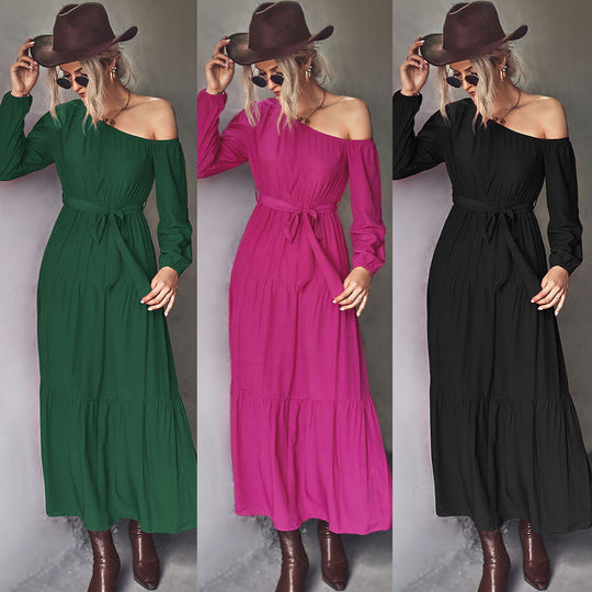 Damen Langarm Maxikleid mit asymmetrischem Schnitt und tailliertem Gürtel EB