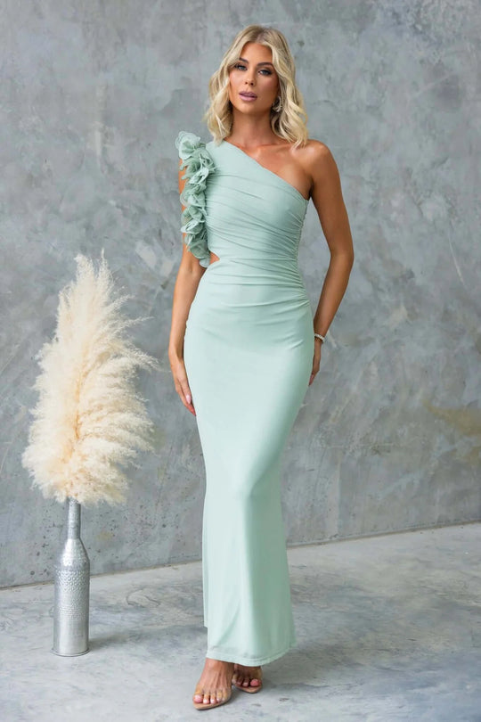 Damen Elegantes Rüschen-Maxikleid mit einem schulterfreien Design und figurbetontem Schnitt EB