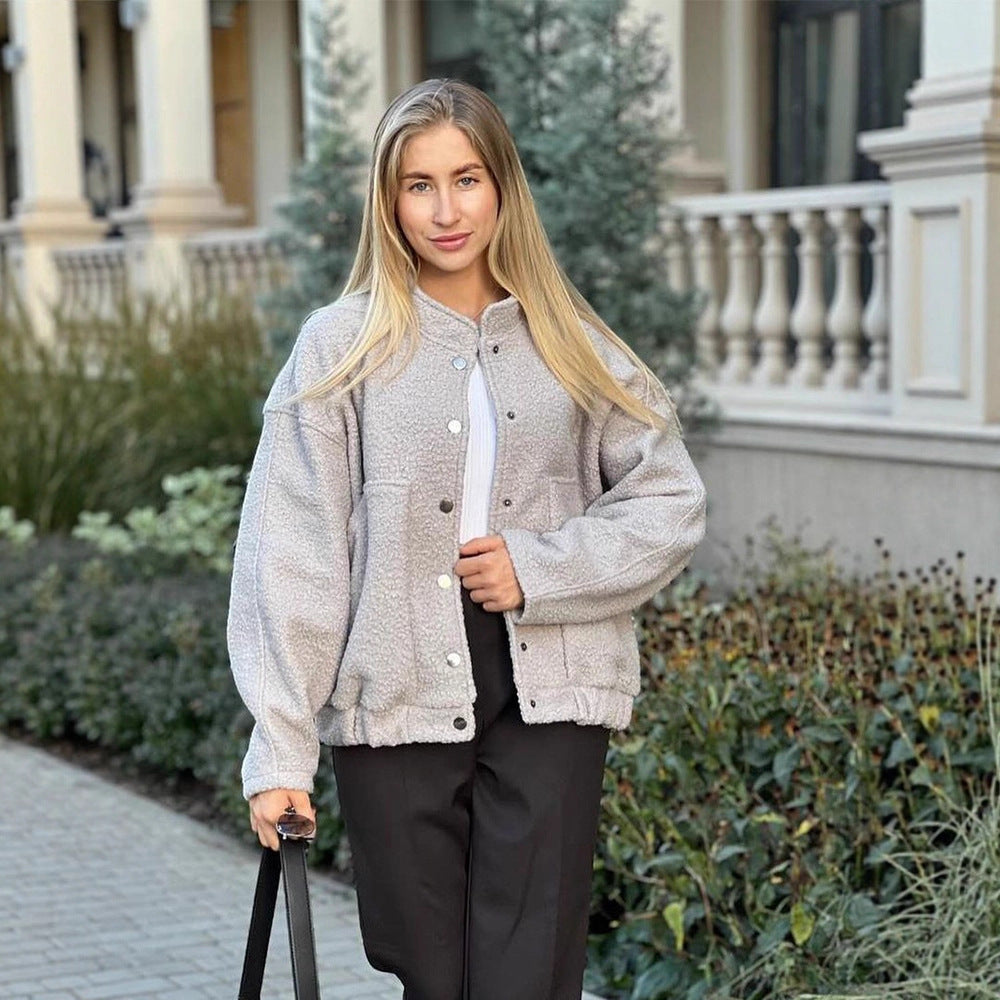 Damen Oversized Fleecejacke mit Druckknöpfen und praktischen Taschen EB