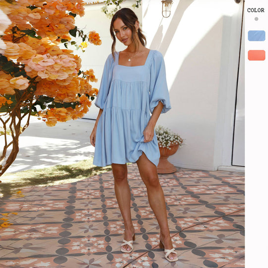 Damen Luftiges Oversize-Sommerkleid mit Ballonärmeln und quadratischem Ausschnitt EB