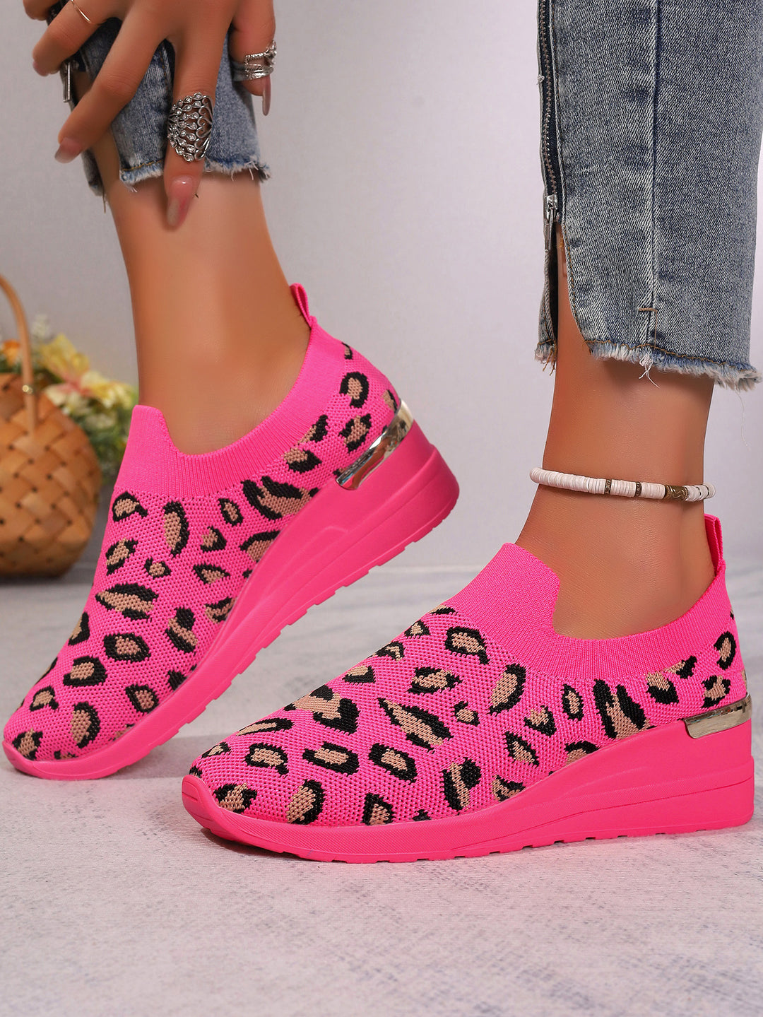 Damen  Sock-Sneaker mit elastischem Strickoberteil Leopardmuster und keilprofilsohle EB