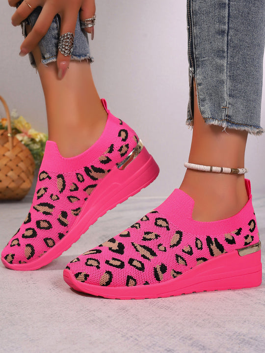 Damen  Sock-Sneaker mit elastischem Strickoberteil Leopardmuster und keilprofilsohle EB