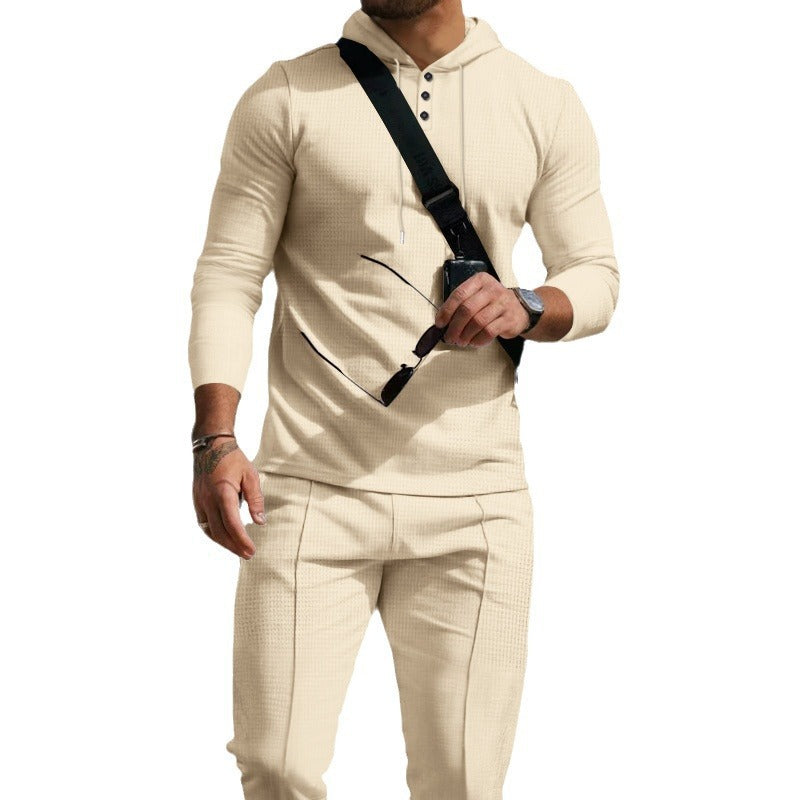 Herren nan figurnahes Kapuzen-Knopfleisten-Set aus strukturiertem Stretchjersey mit schmaler Chino-Jogger EB