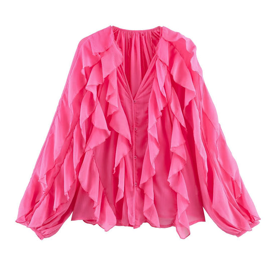 Damen Rüschenbluse mit weitem Schnitt und ballonartigen Ärmeln EB