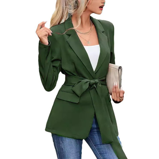 Damen taillierter Blazer mit Bindegürtel und praktischen Taschen EB
