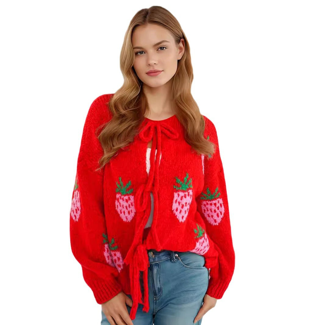 Damen kuscheliger Pullover mit fruchtigem Erdbeer-Motiv EB