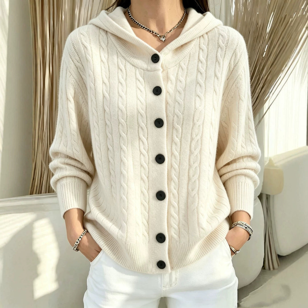 Damen Kapuzen-Cardigan mit Zopfmuster und durchgehender Knopfleiste EB