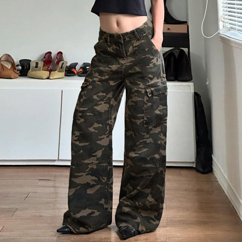 Damen nan weite Cargo-Hose mit Camouflage-Print, hoher Taille und mehreren aufgesetzten Beintaschen EB
