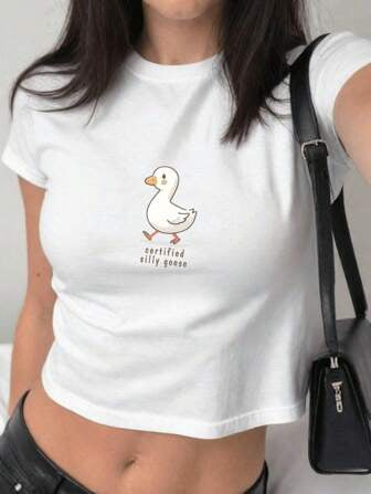 Damen figurbetontes Kurzarm-T-Shirt mit verspieltem Aufdruck EB