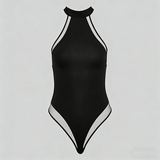 Damen Hochgeschlossene Body mit transparenten Einsätzen EB