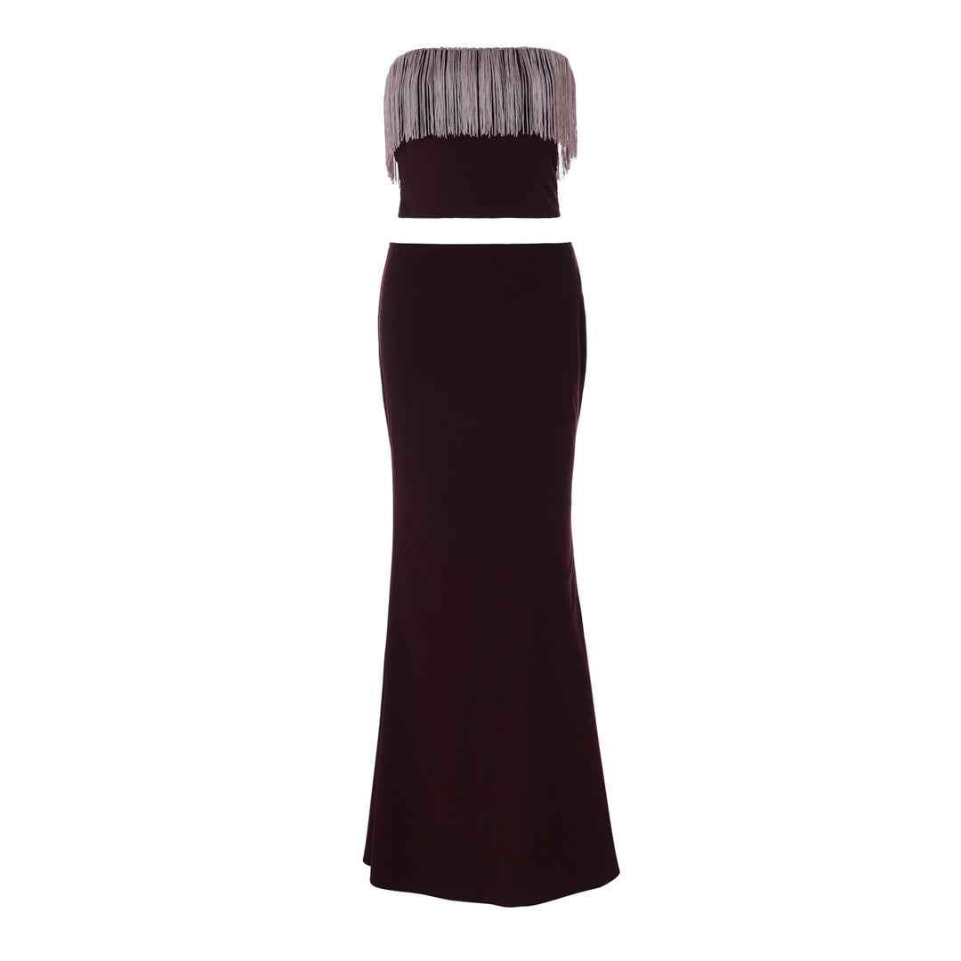 Damen Elegantes Zweiteiliges Abendkleid mit fransendem Oberteil und figurbetonter Silhouette EB
