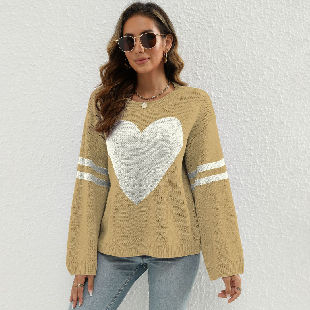 Damen Strickpullover mit Herzmotiv und lässigen Ärmelabschlüssen EB