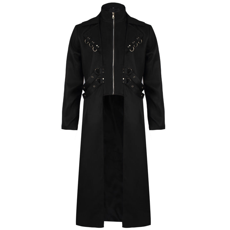 Herren nan langer Gothic-Mantel mit integrierter Reißverschluss-Innenjacke, Ziergurten und D‑Ring-Applikationen Eb