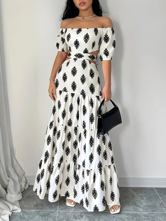 Damen Off-Shoulder Maxikleid mit Rüschendetails und floralen Mustern EB