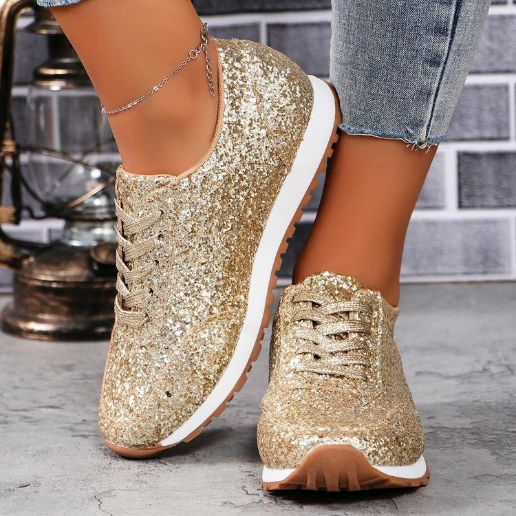 Damen  glitzernde Retro-Laufsneaker mit gepolstertem Memory-Fußbett und rutschfester Profilsohle EB