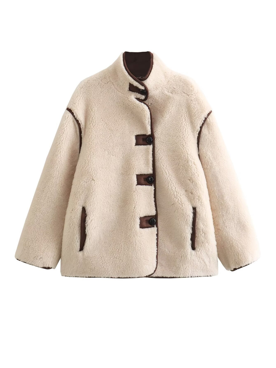 Damen Teddyfelljacke mit stylischem Stehkragen und praktischen Taschen EB