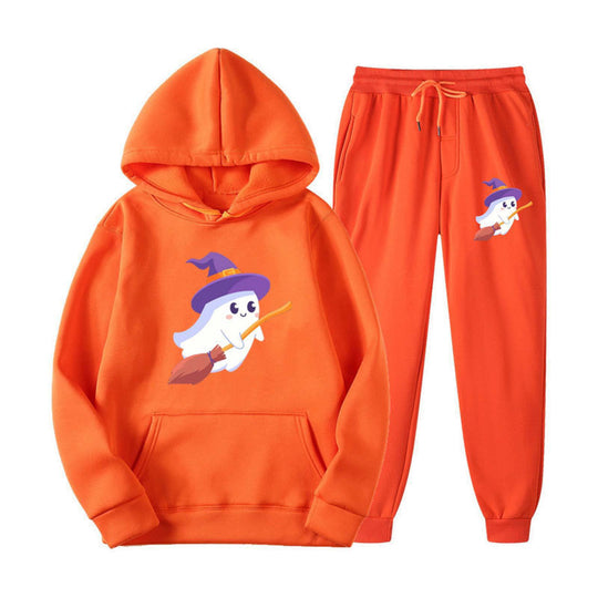 Unisex nan kuscheliger Kapuzenpullover und Jogginghose Set mit Halloween-Geistprint EB