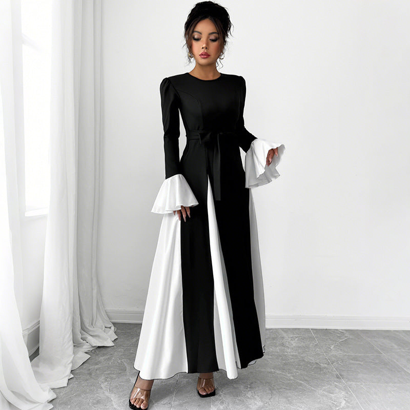 Damen Abendkleid mit tailliertem Corsagen-Oberteil, langen Ärmeln und kontrastierenden Volantmanschetten EB
