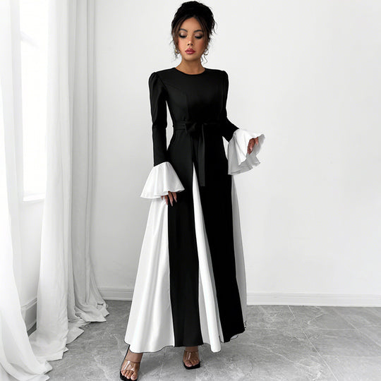 Damen Abendkleid mit tailliertem Corsagen-Oberteil, langen Ärmeln und kontrastierenden Volantmanschetten EB