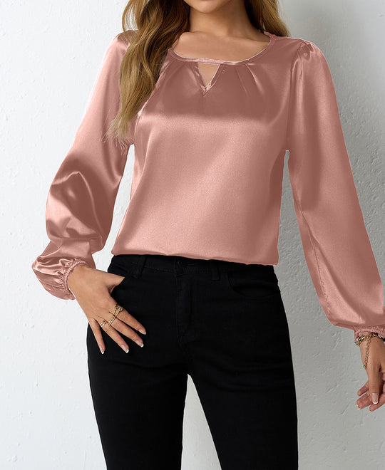 Damen elegante Satinbluse mit verspieltem Schlüsselausschnitt EB