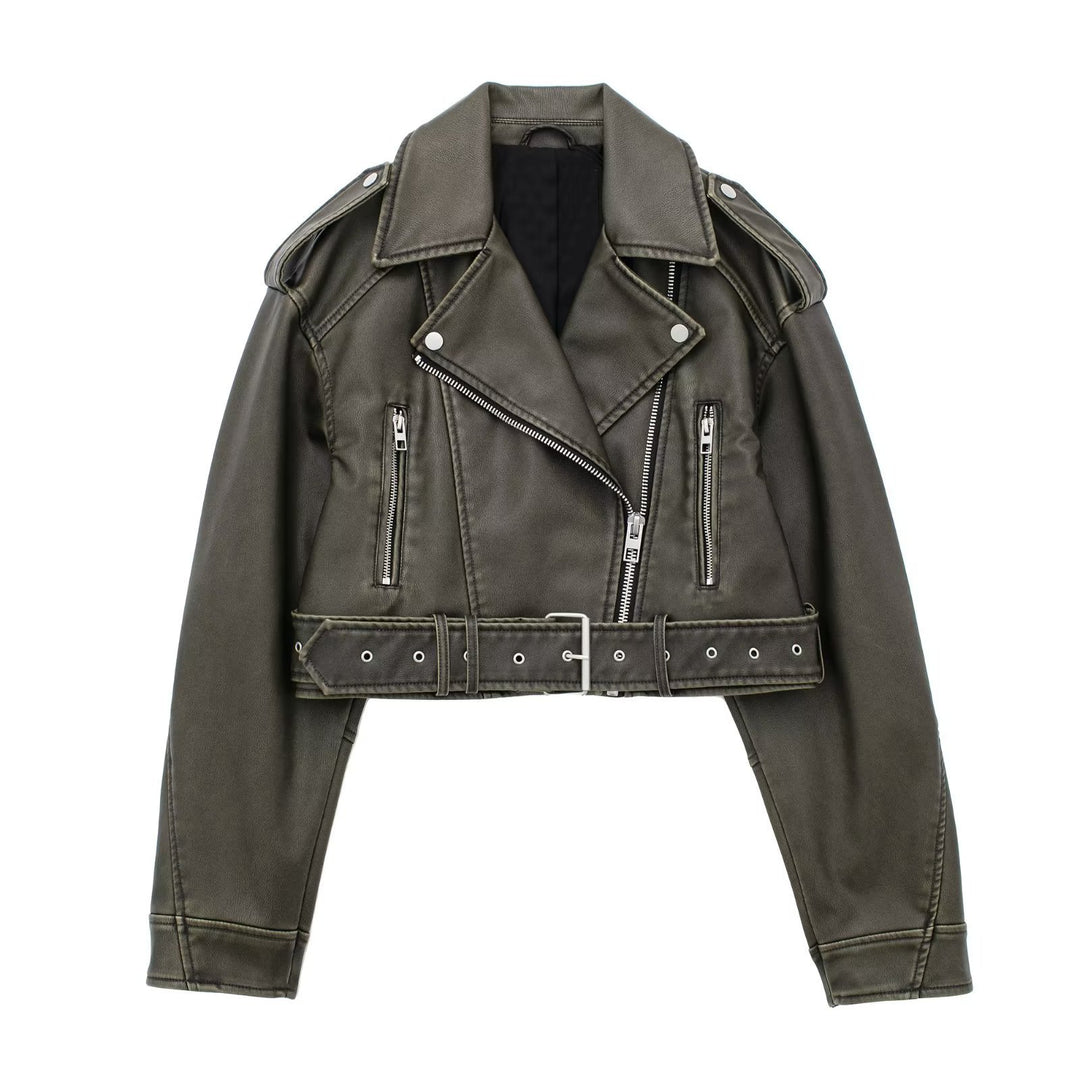 EB | Damen Lederjacke mit Reißverschluss und GürtelDetails